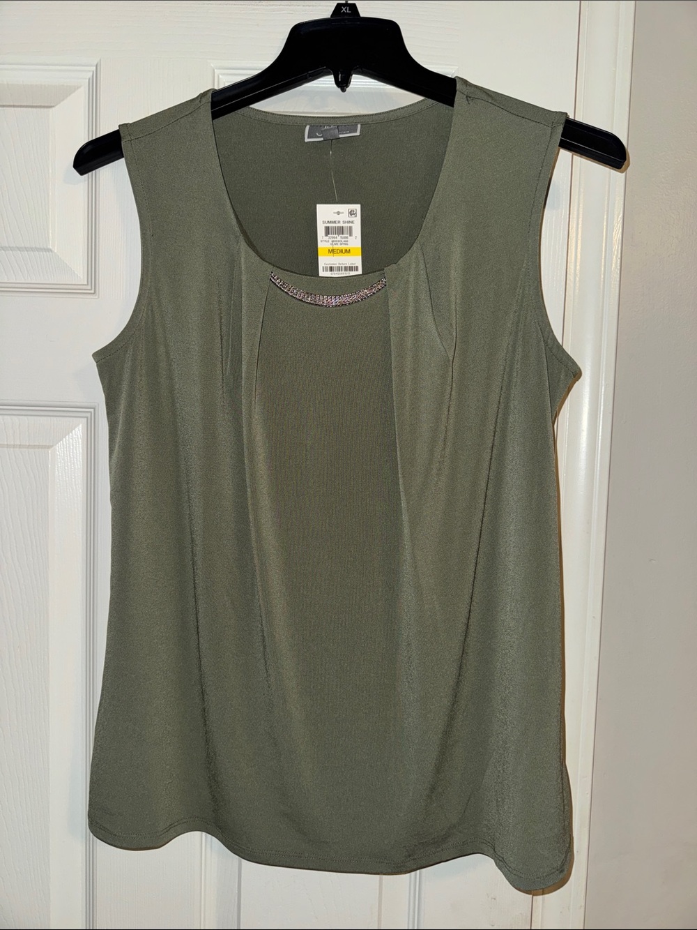 JM Collection Olive Green Sleeveless Tank with Necklace Accent